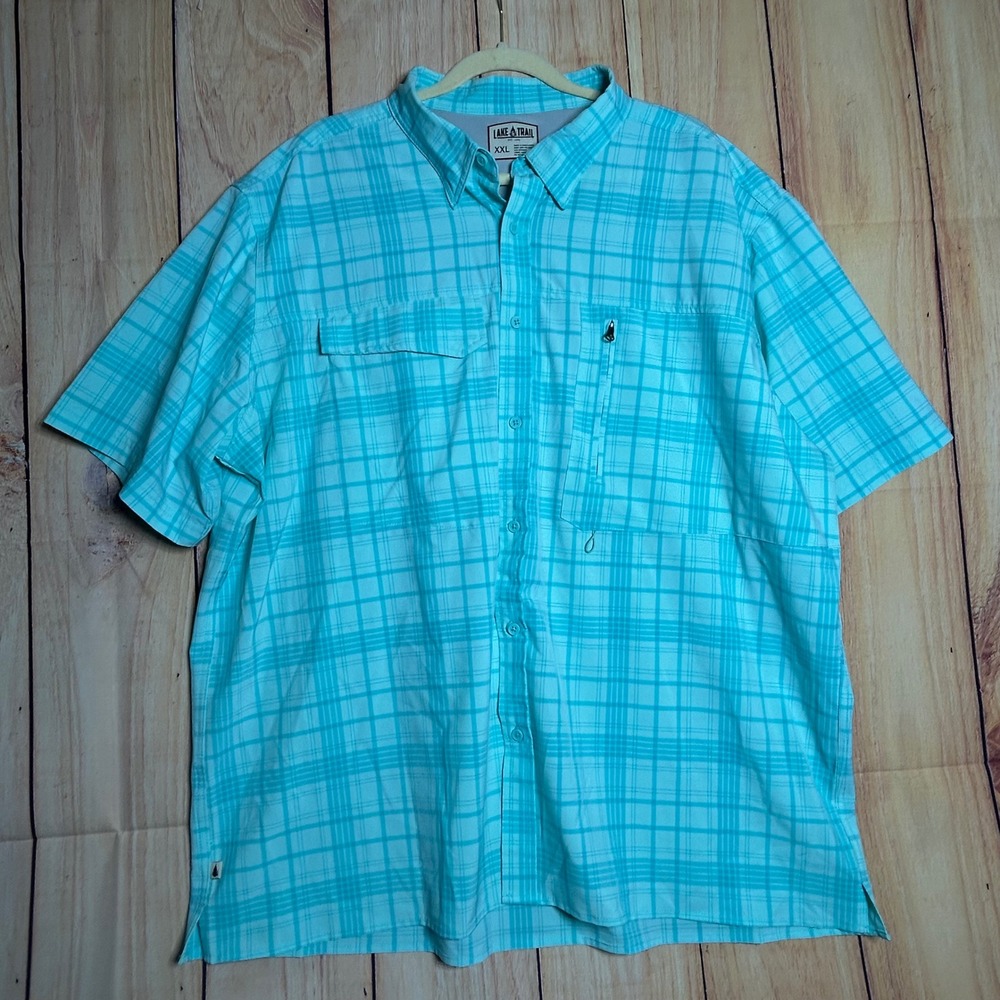 Lake & Trail Fishing Shirt Mens XXL Turquoise Plaid Performance Gorpcore